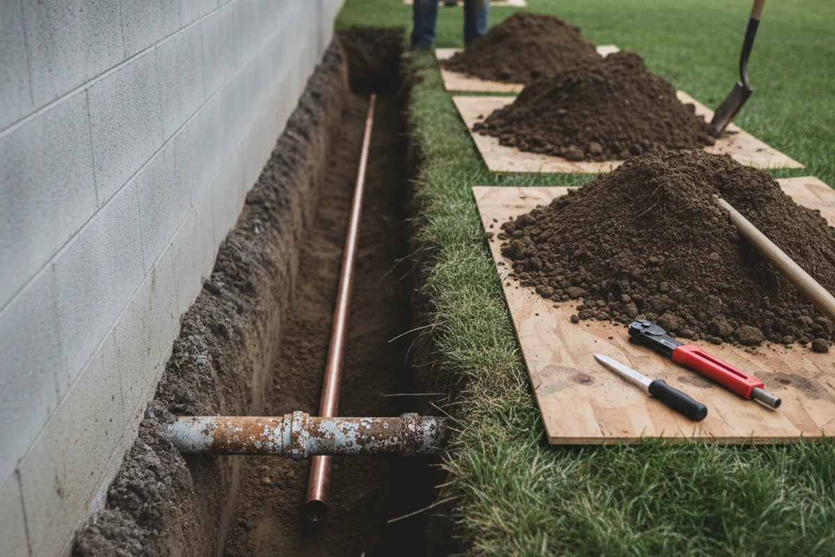 Excavated water line trench during Water Heater Repair in Duson
